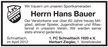 Traueranzeige von Hans Bauer von Pegnitz-Zeitung